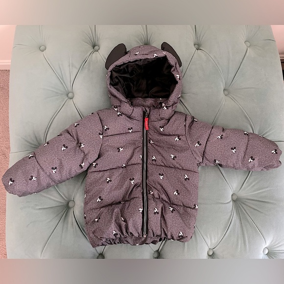 H&M Mickey Mouse Grey Winter Puffer Jacket Mickey Ears Detachable Hood -1 1/2-2Y - Picture 2 of 3